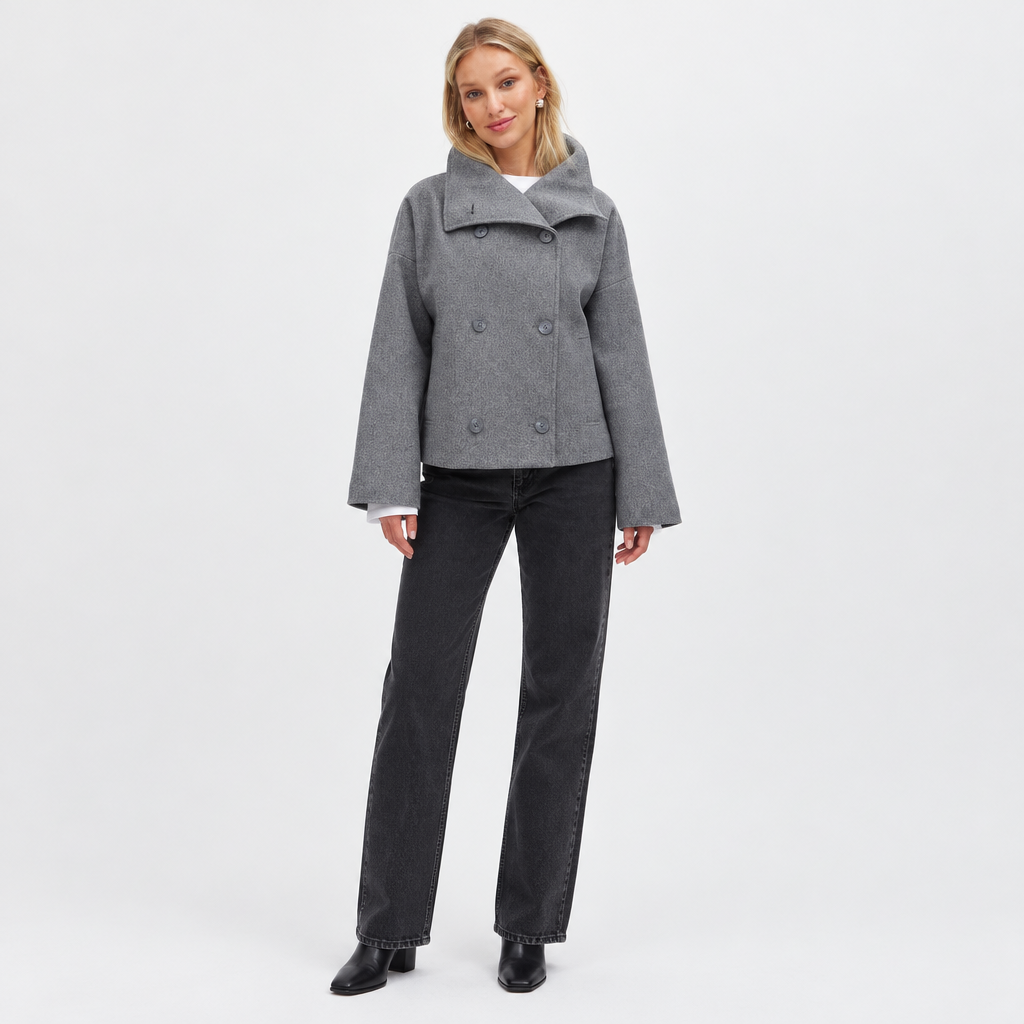 Women's Double-Breasted Short Coat with Wide Collar 1