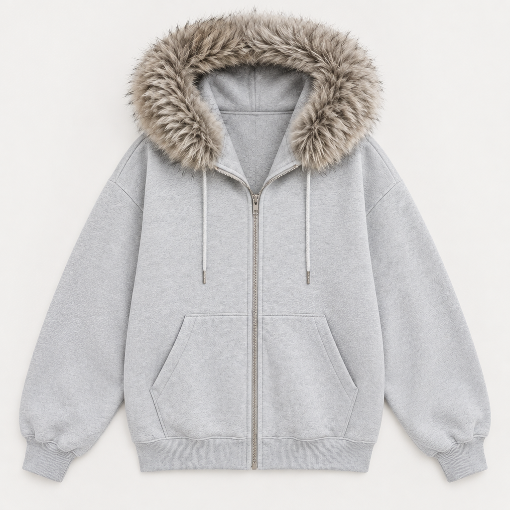 Women's Oversized Zip Hoodie with Faux Fur Trim Hood