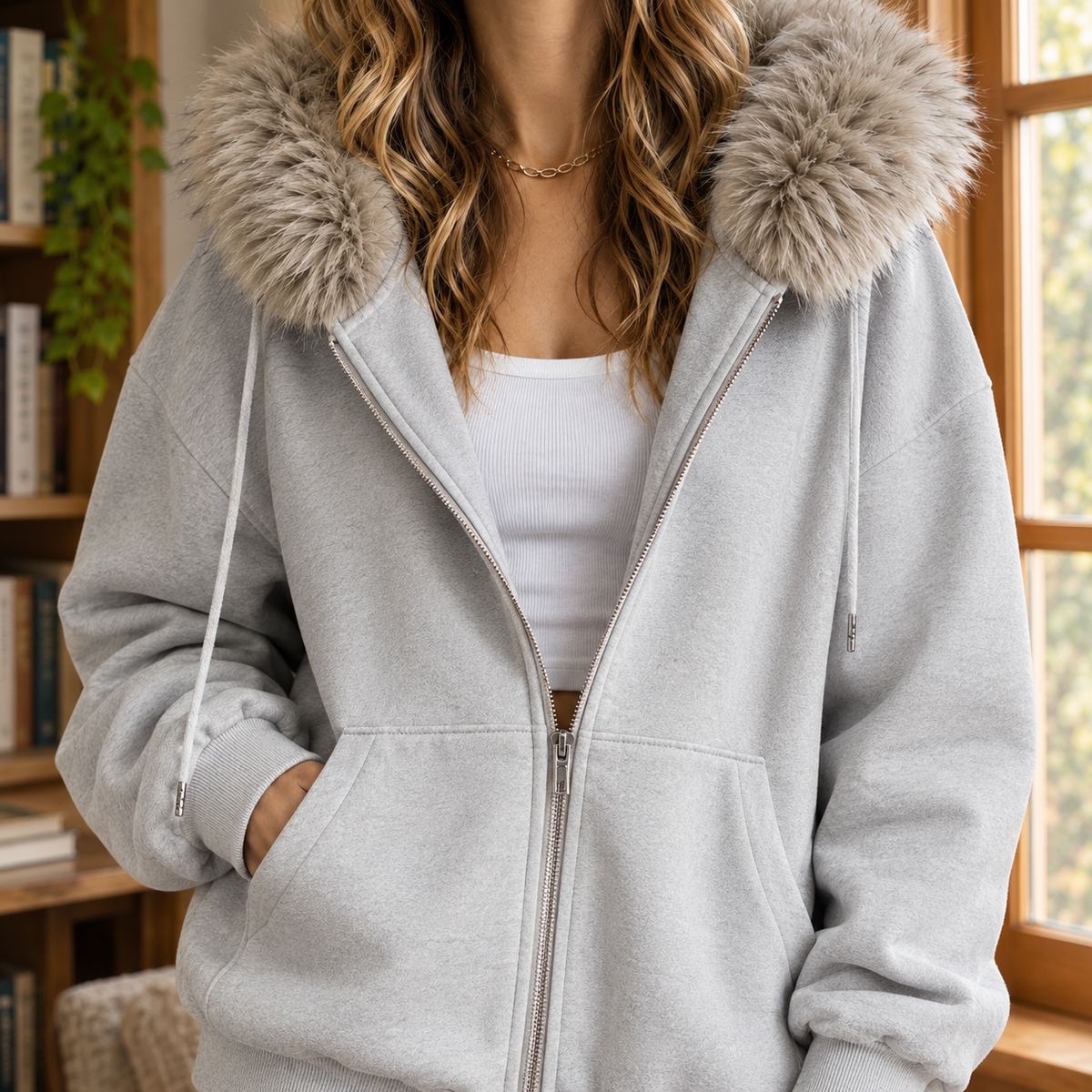 Women's Oversized Zip Hoodie with Faux Fur Trim Hood