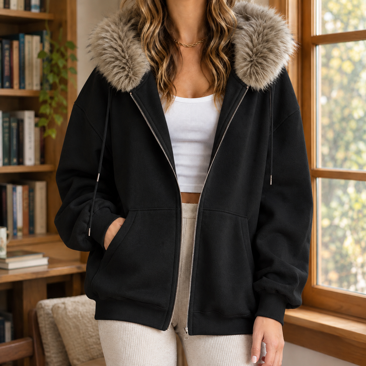 Women's Oversized Zip Hoodie with Faux Fur Trim Hood – Black