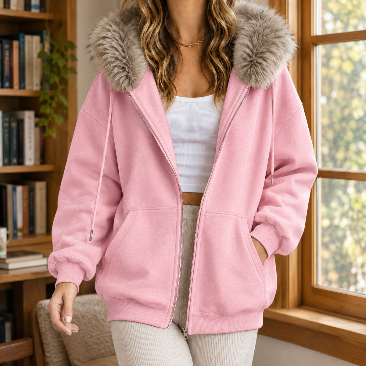 Women's Oversized Zip Hoodie with Faux Fur Trim Hood – Pink