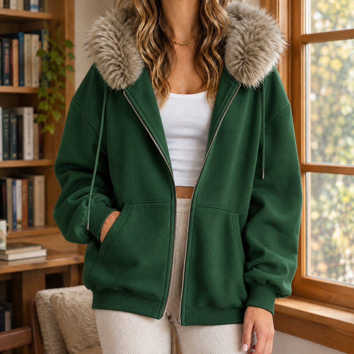 Women's Oversized Zip Hoodie with Faux Fur Trim Hood – Dark Green