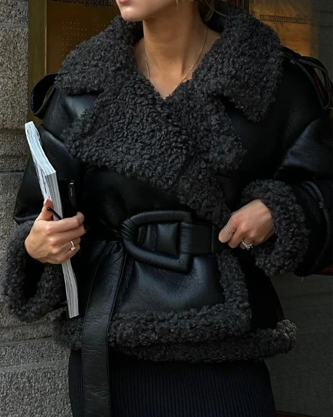 Cropped Faux Leather Jacket with Fur Trim for Women 5