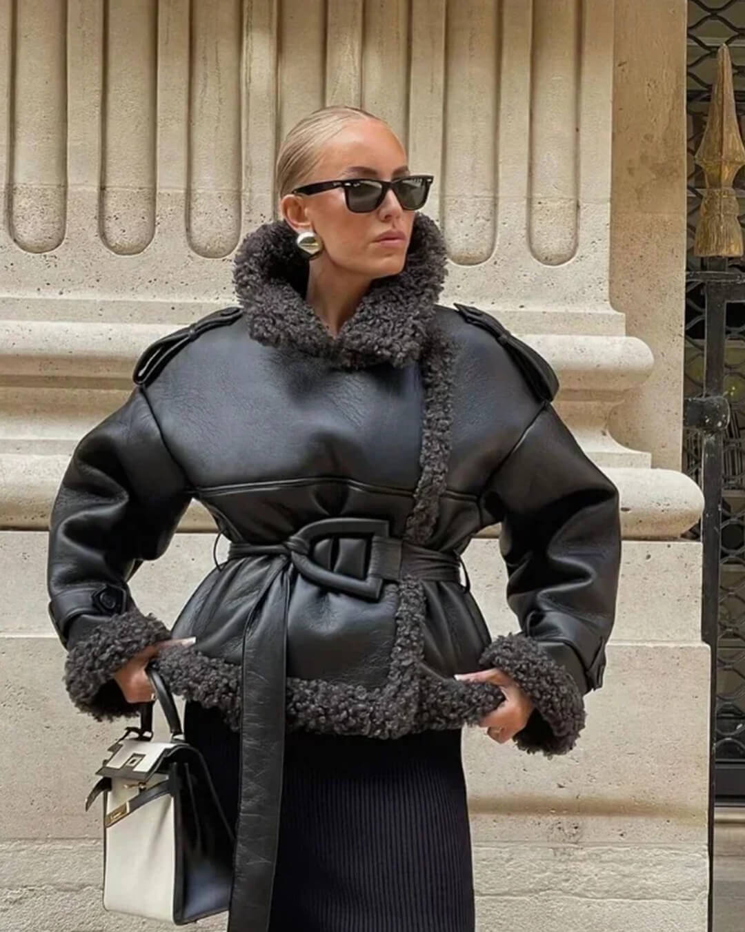 Cropped Faux Leather Jacket with Fur Trim for Women 2