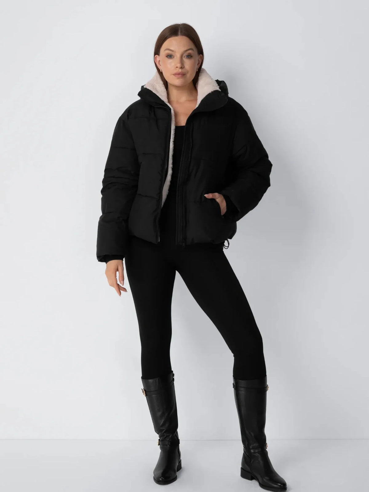 Women's Short Puffer Jacket with Faux Fur Lining & Hood 2